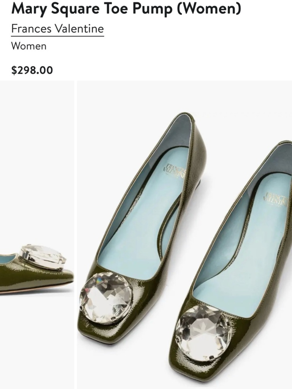 Frances Valentine Olive Green Patent Mary Square Toe Flats with Crystal Accent